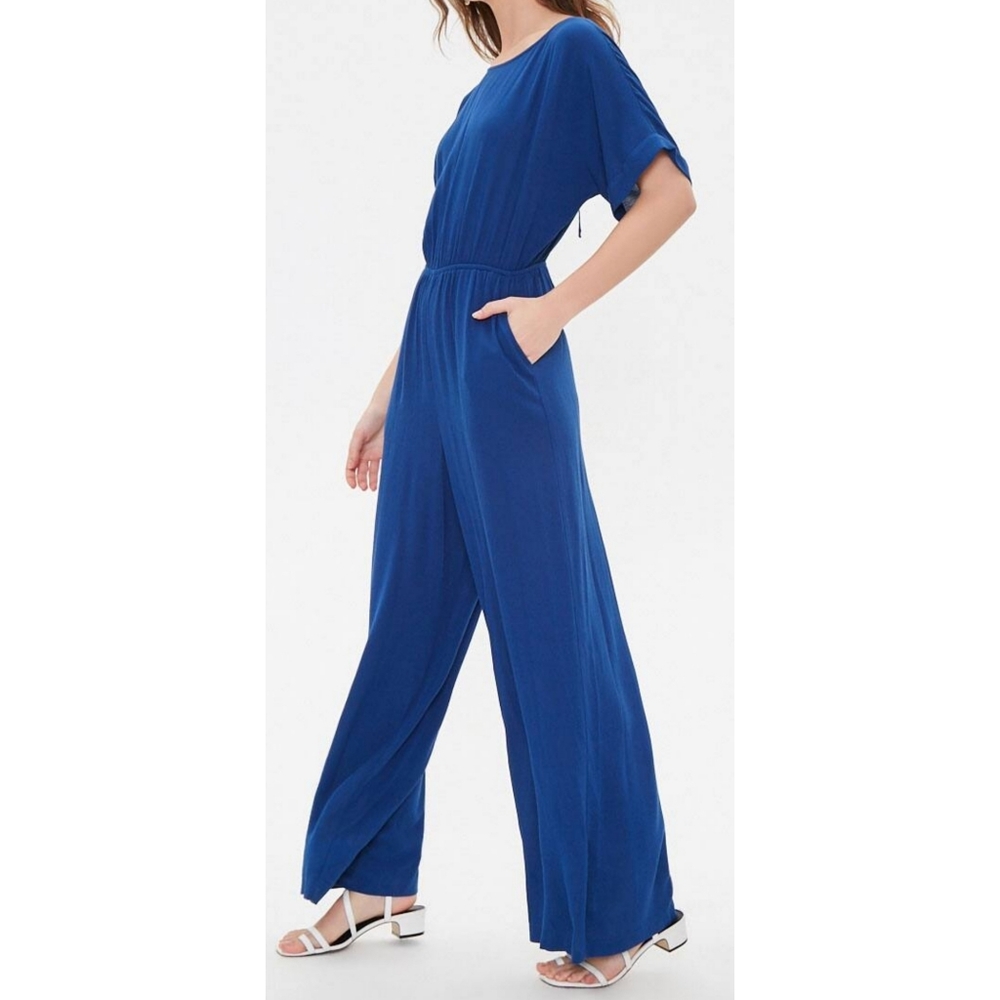 Blue Crinkle Wide Leg Jumpsuit
